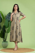 Greyish Olive Geometric Print A-Line Dress
