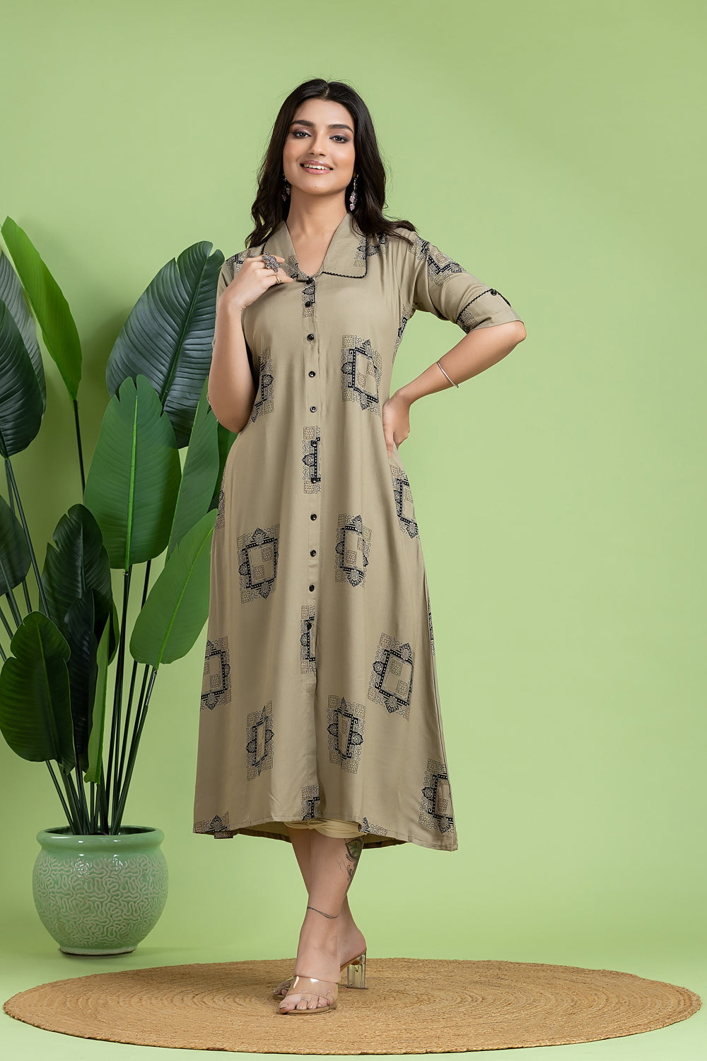 Greyish Olive Geometric Print A-Line Dress