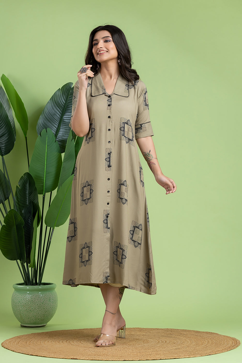 Greyish Olive Geometric Print A-Line Dress