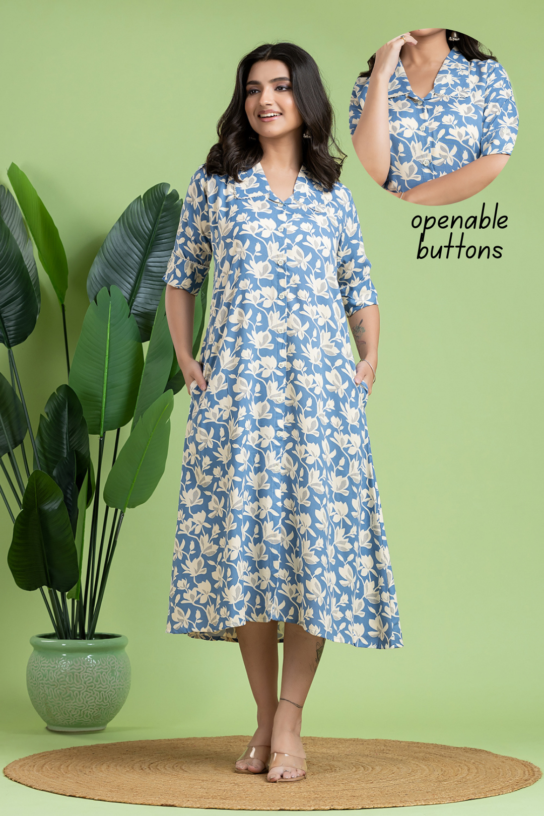 English Blue Floral Print A-Line Dress