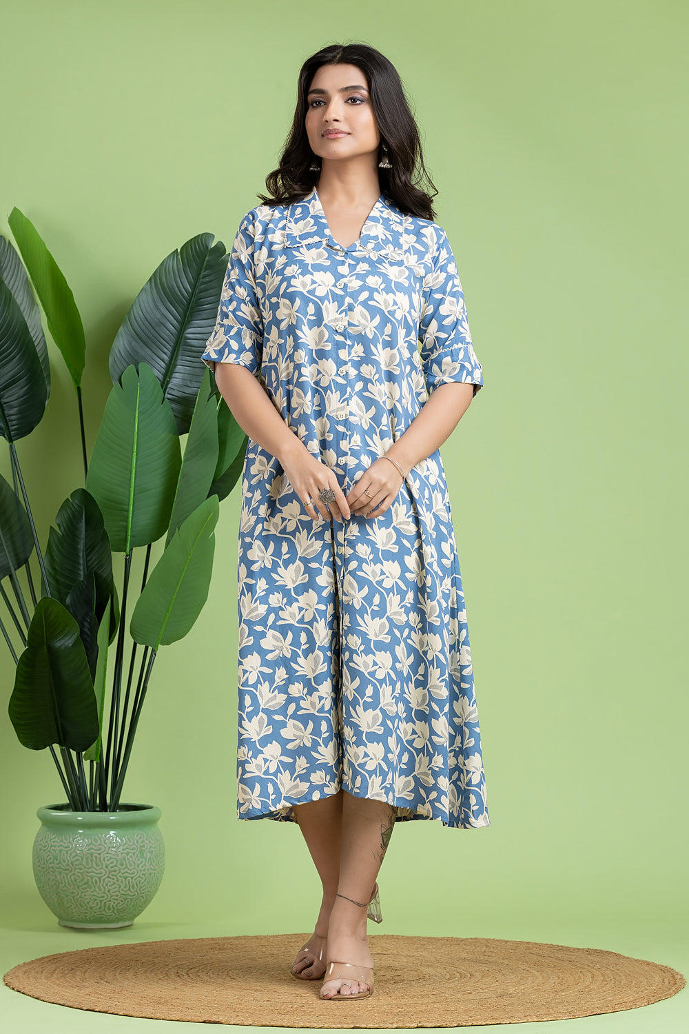 English Blue Floral Print A-Line Dress