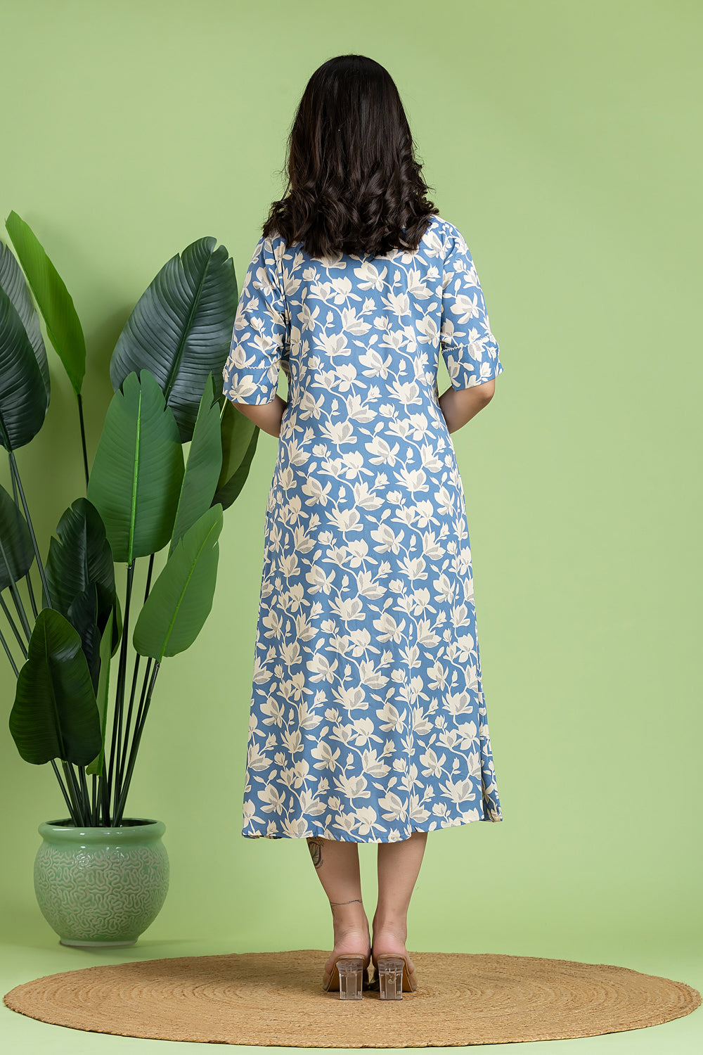 English Blue Floral Print A-Line Dress
