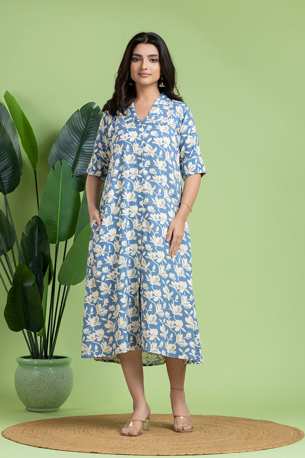 English Blue Floral Print A-Line Dress