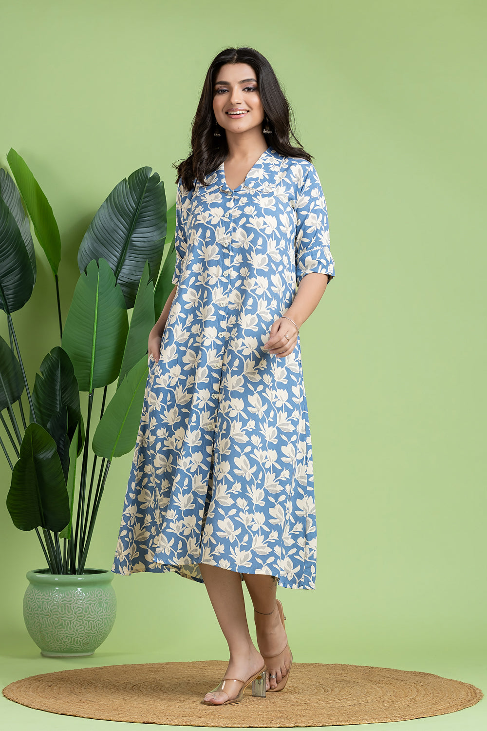 English Blue Floral Print A-Line Dress