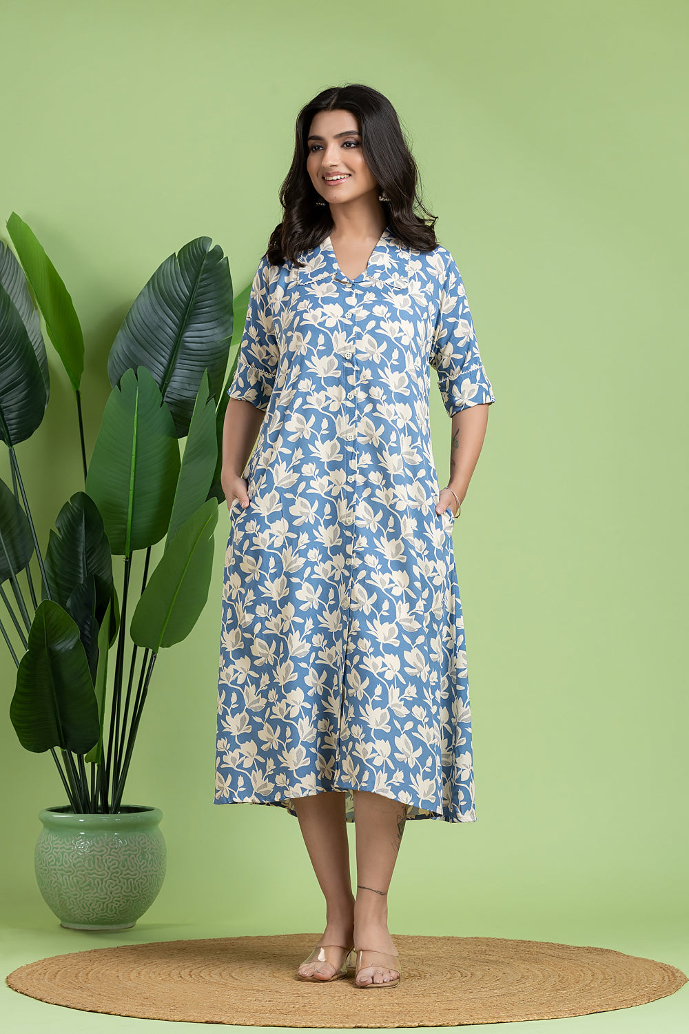 English Blue Floral Print A-Line Dress