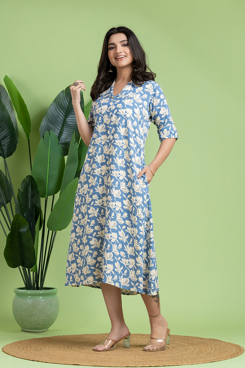 English Blue Floral Print A-Line Dress