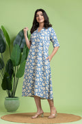 English Blue Floral Print A-Line Dress