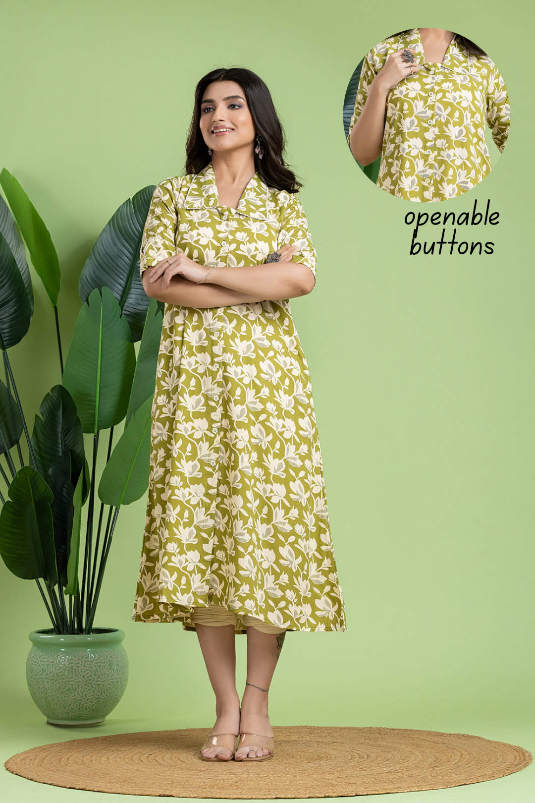 Light Green Floral Print A-Line Dress