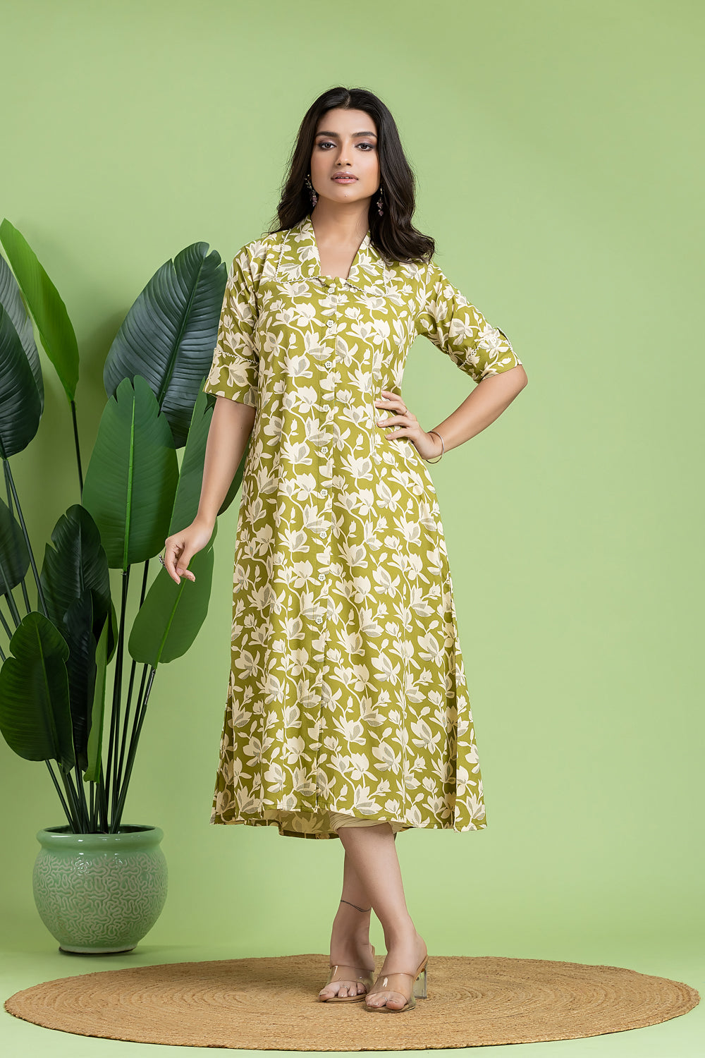 Light Green Floral Print A-Line Dress
