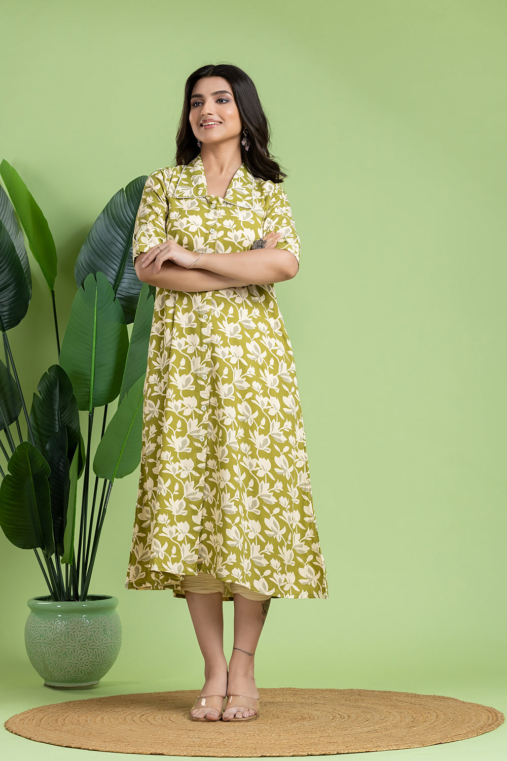 Light Green Floral Print A-Line Dress