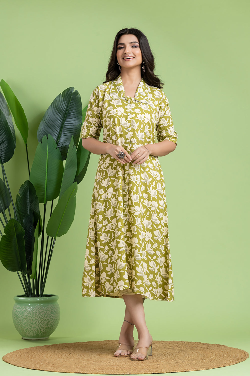 Light Green Floral Print A-Line Dress
