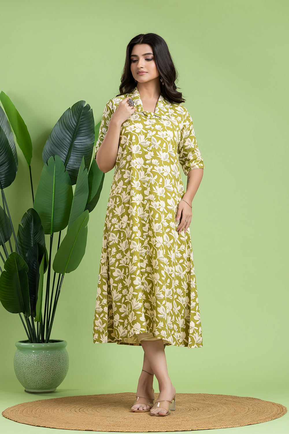 Light Green Floral Print A-Line Dress