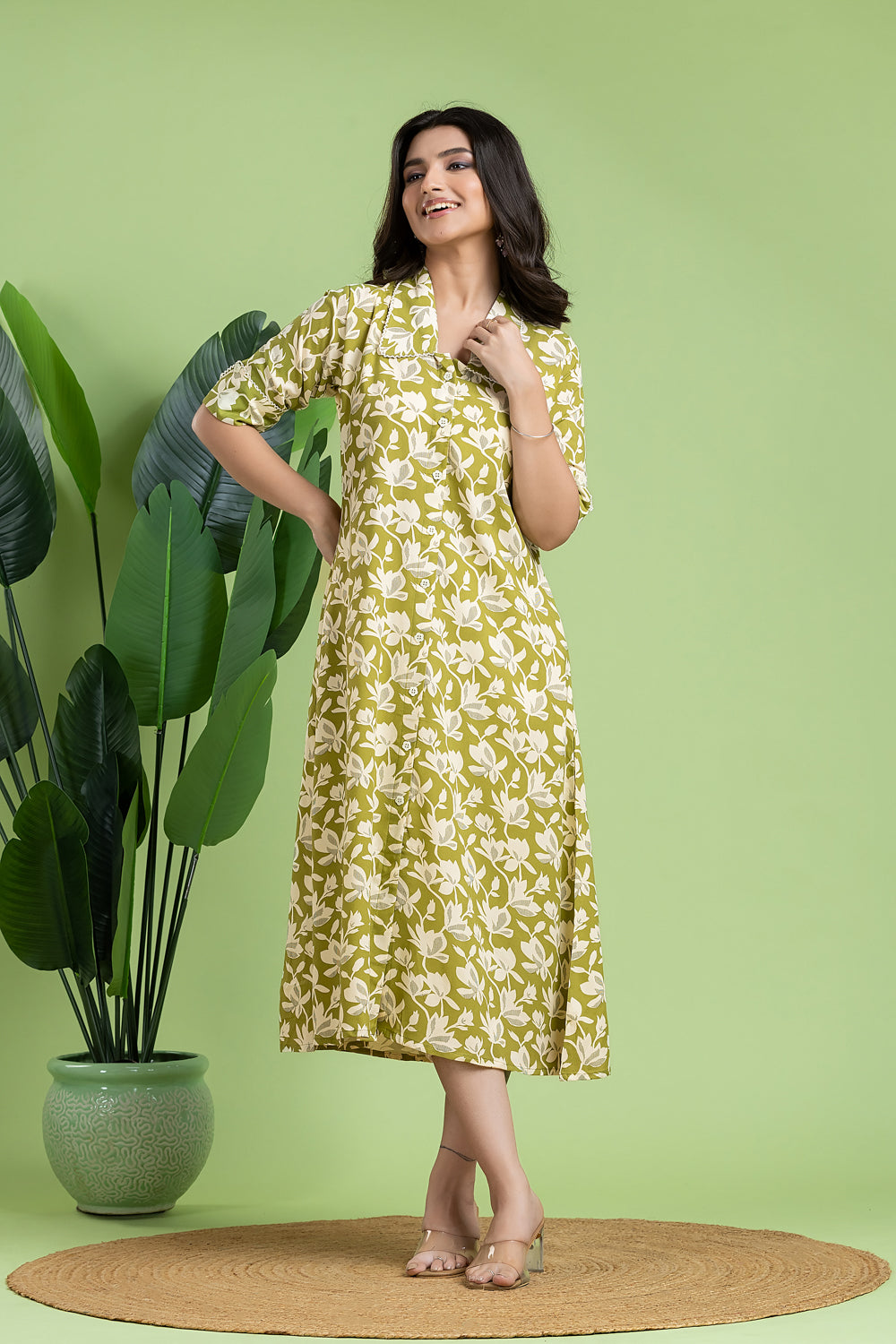 Light Green Floral Print A-Line Dress