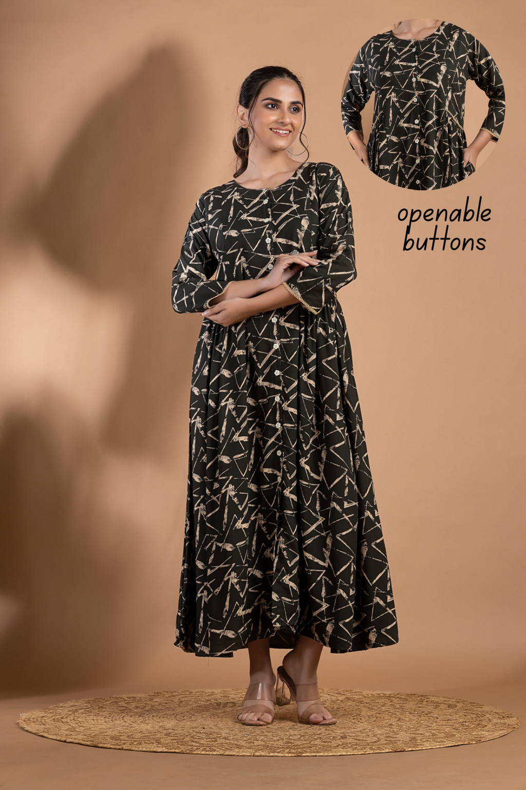 Dark Green Geometric Print A-Line Dress with Gathers