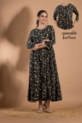Dark Green Geometric Print A-Line Dress with Gathers