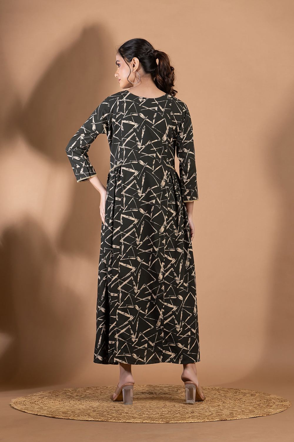 Dark Green Geometric Print A-Line Dress with Gathers