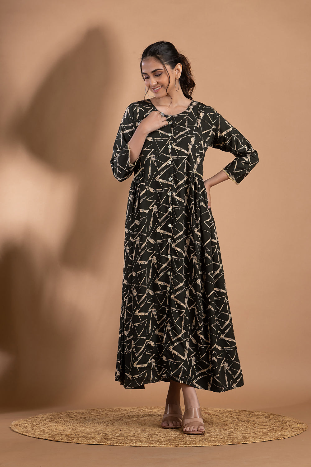 Dark Green Geometric Print A-Line Dress with Gathers