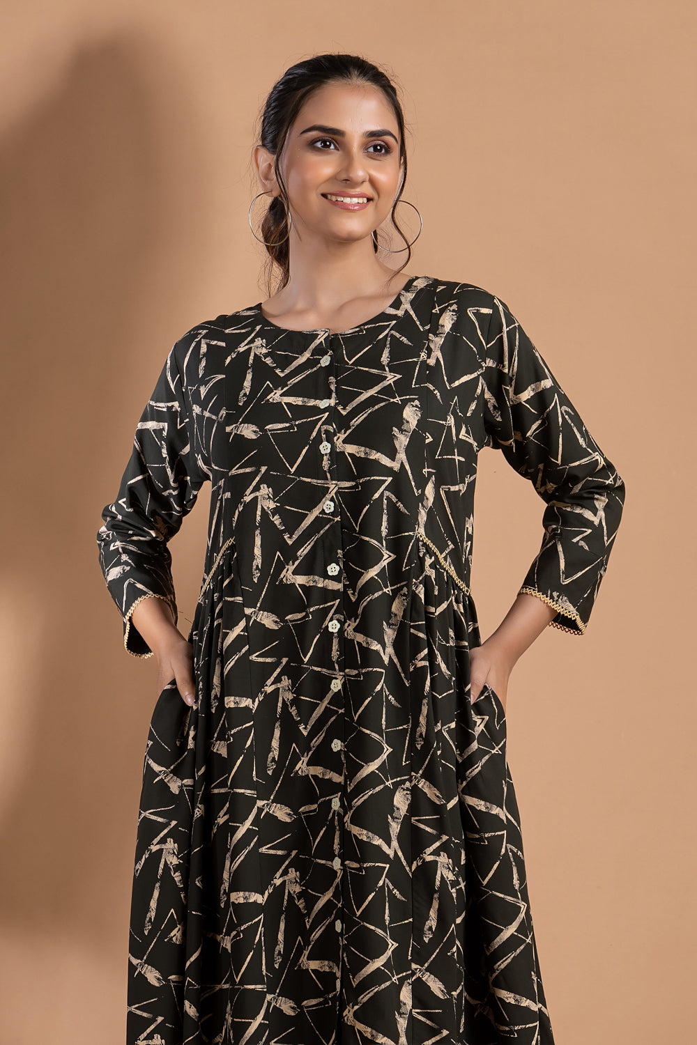 Dark Green Geometric Print A-Line Dress with Gathers