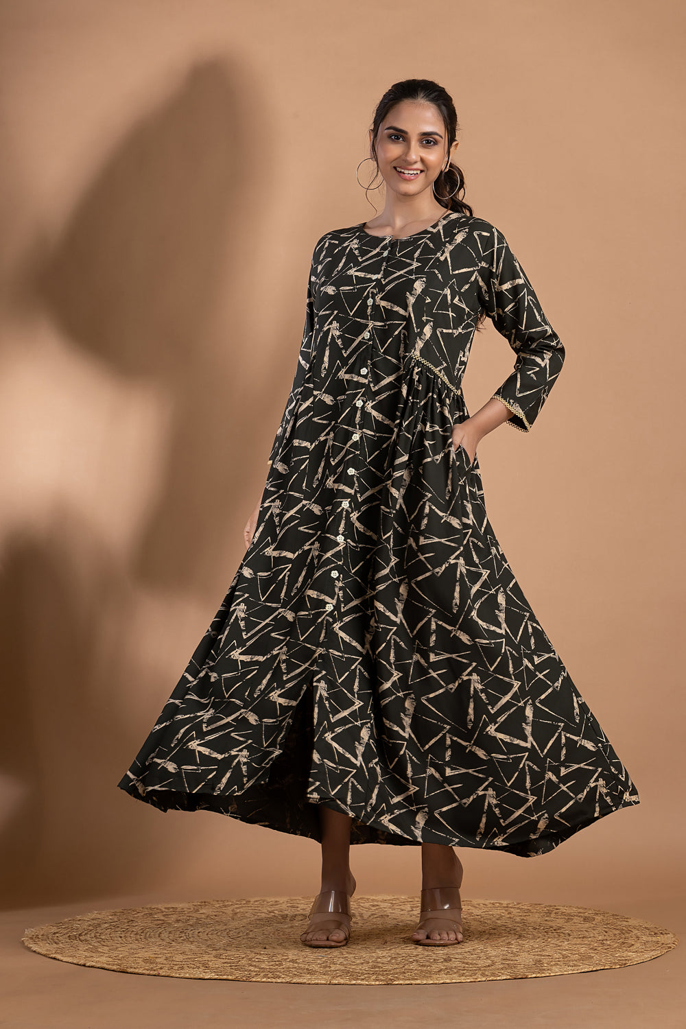 Dark Green Geometric Print A-Line Dress with Gathers