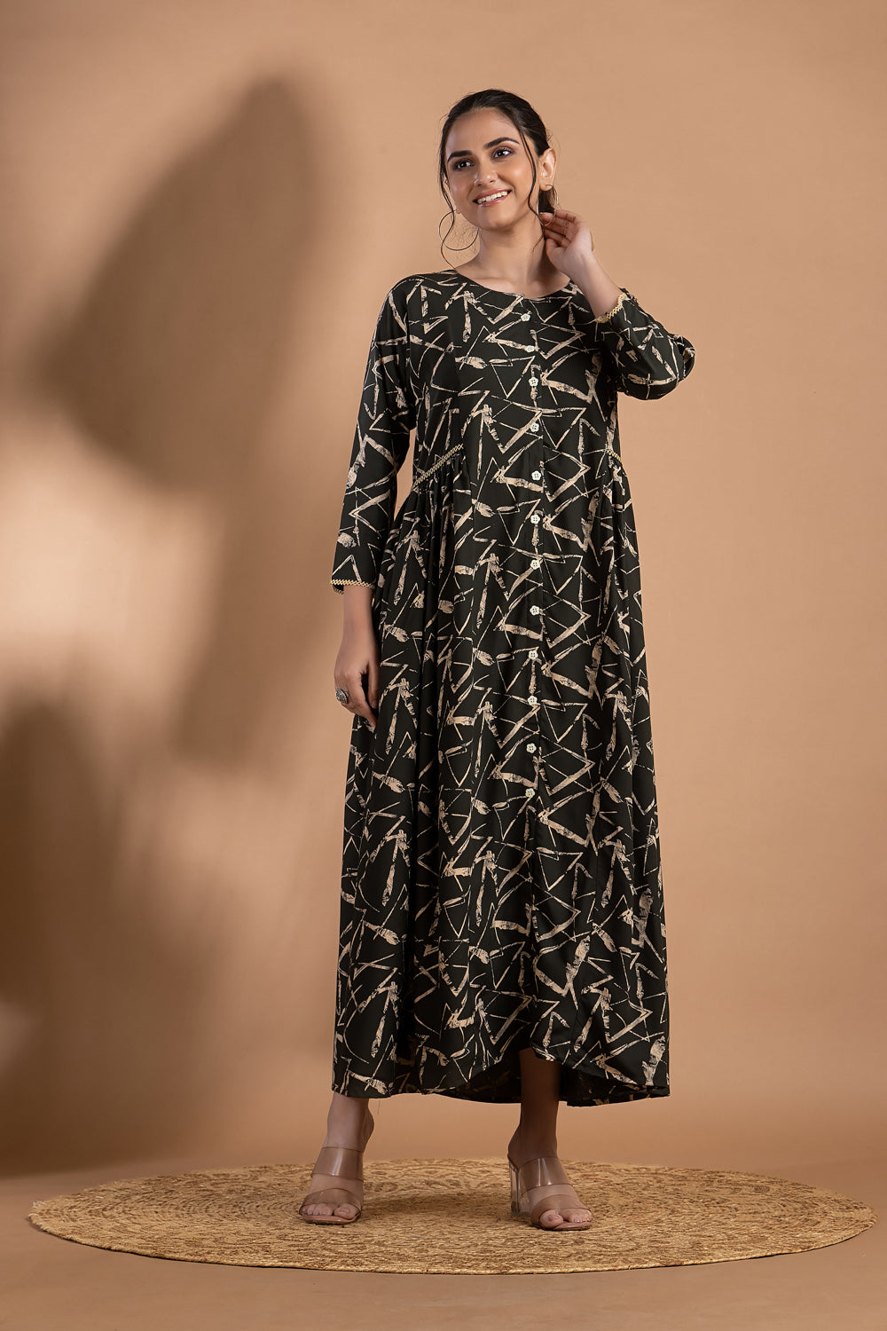 Dark Green Geometric Print A-Line Dress with Gathers