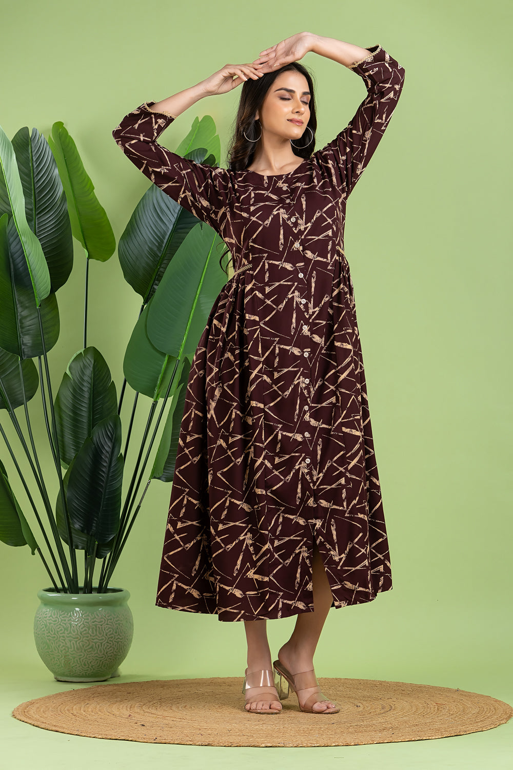Burgundy Geometric Print A-Line Dress with Gathers