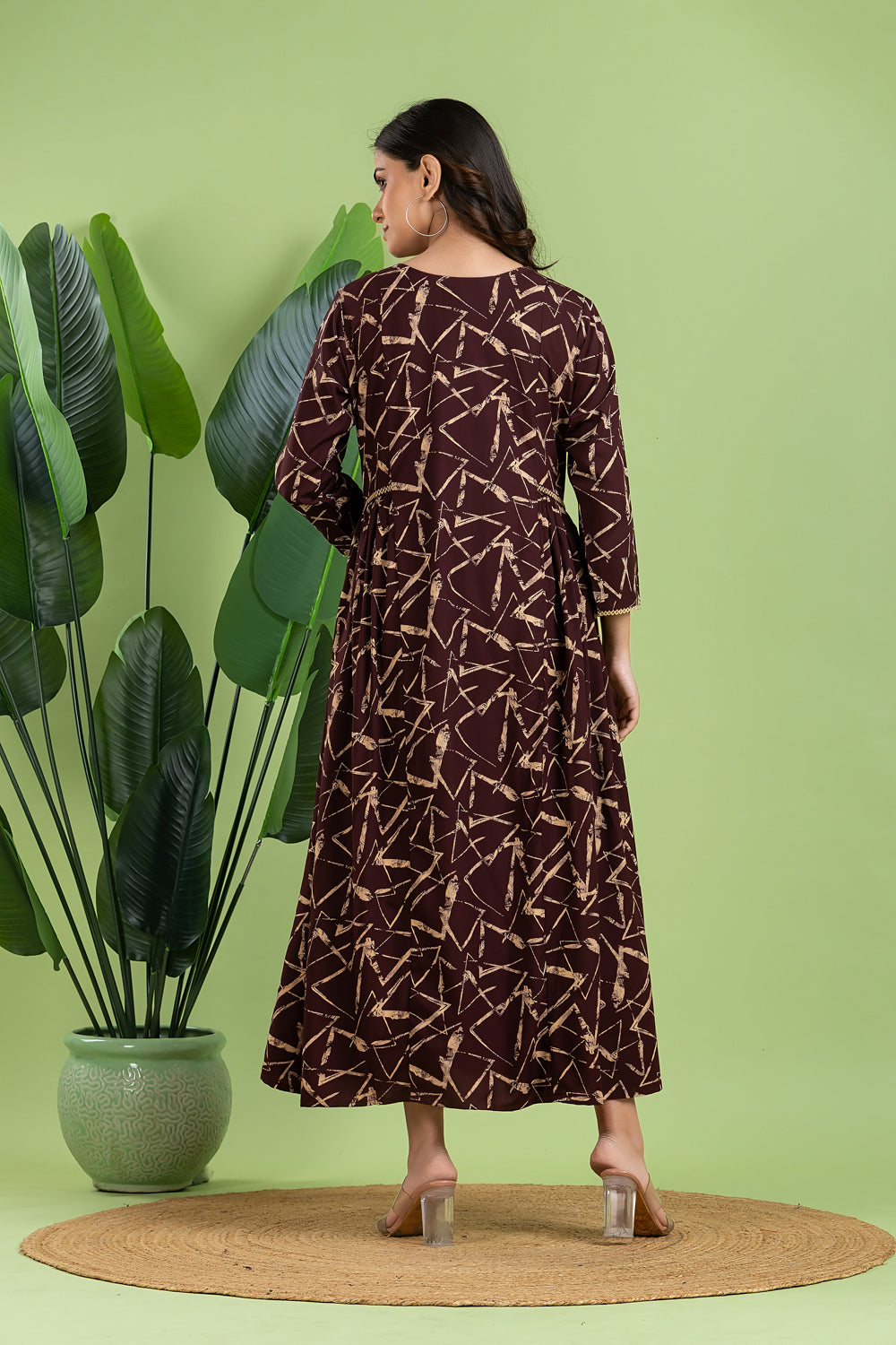 Burgundy Geometric Print A-Line Dress with Gathers