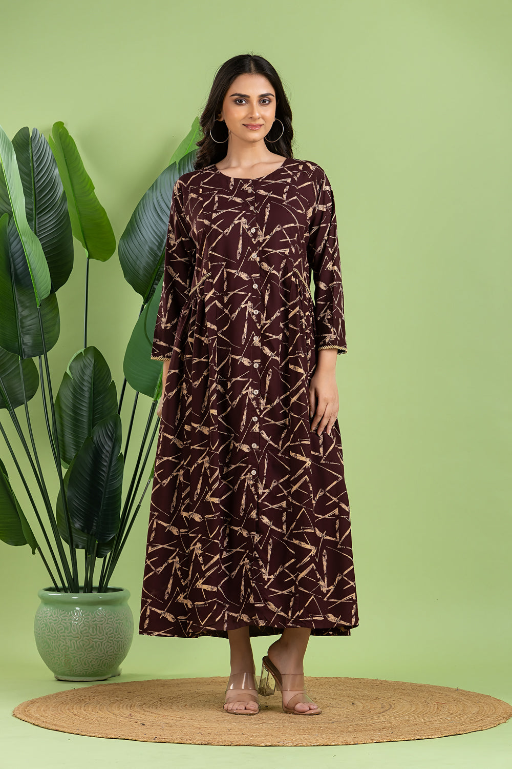 Burgundy Geometric Print A-Line Dress with Gathers