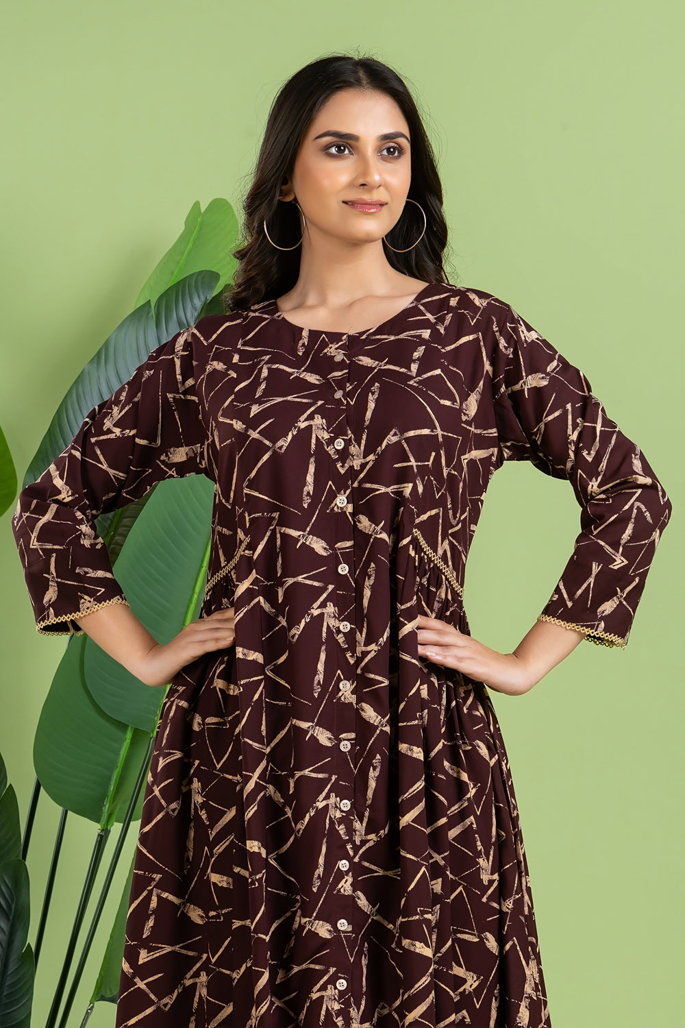 Burgundy Geometric Print A-Line Dress with Gathers