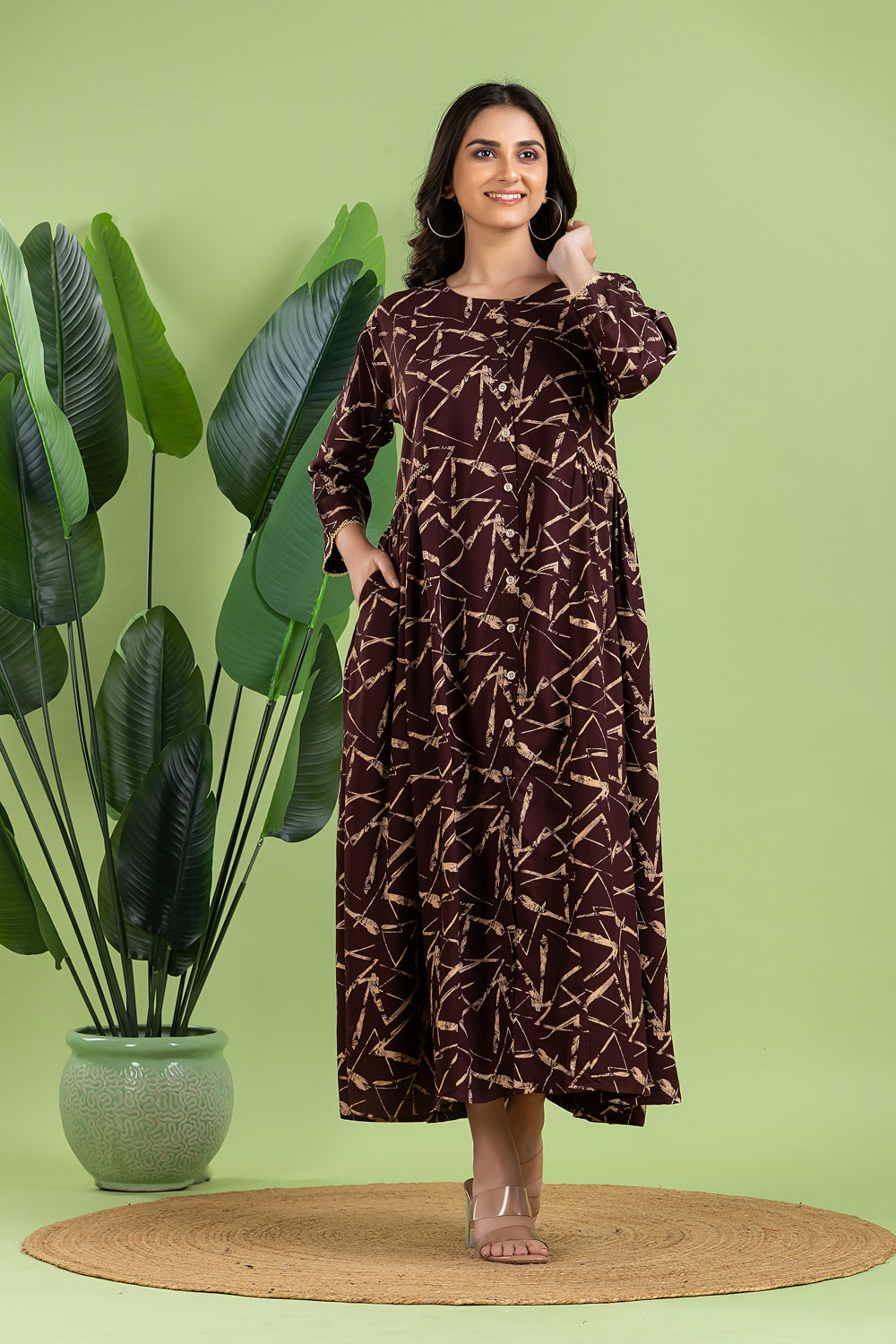 Burgundy Geometric Print A-Line Dress with Gathers