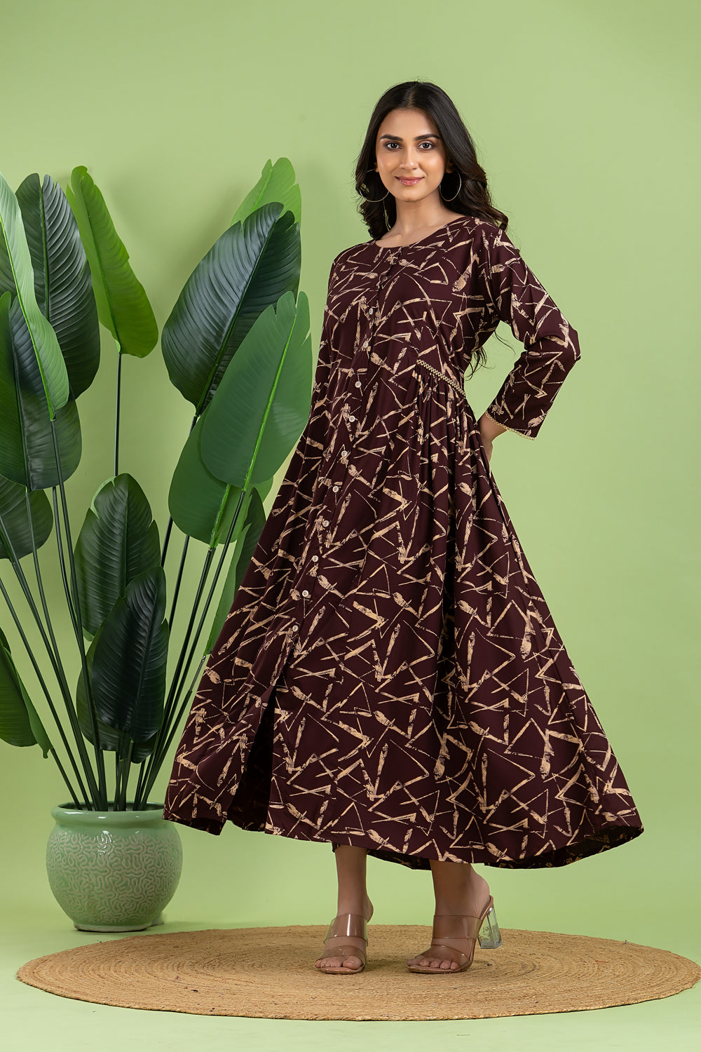 Burgundy Geometric Print A-Line Dress with Gathers