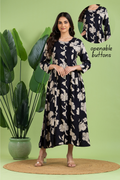 Midnight Blue Floral Print A-Line Dress with Gathers