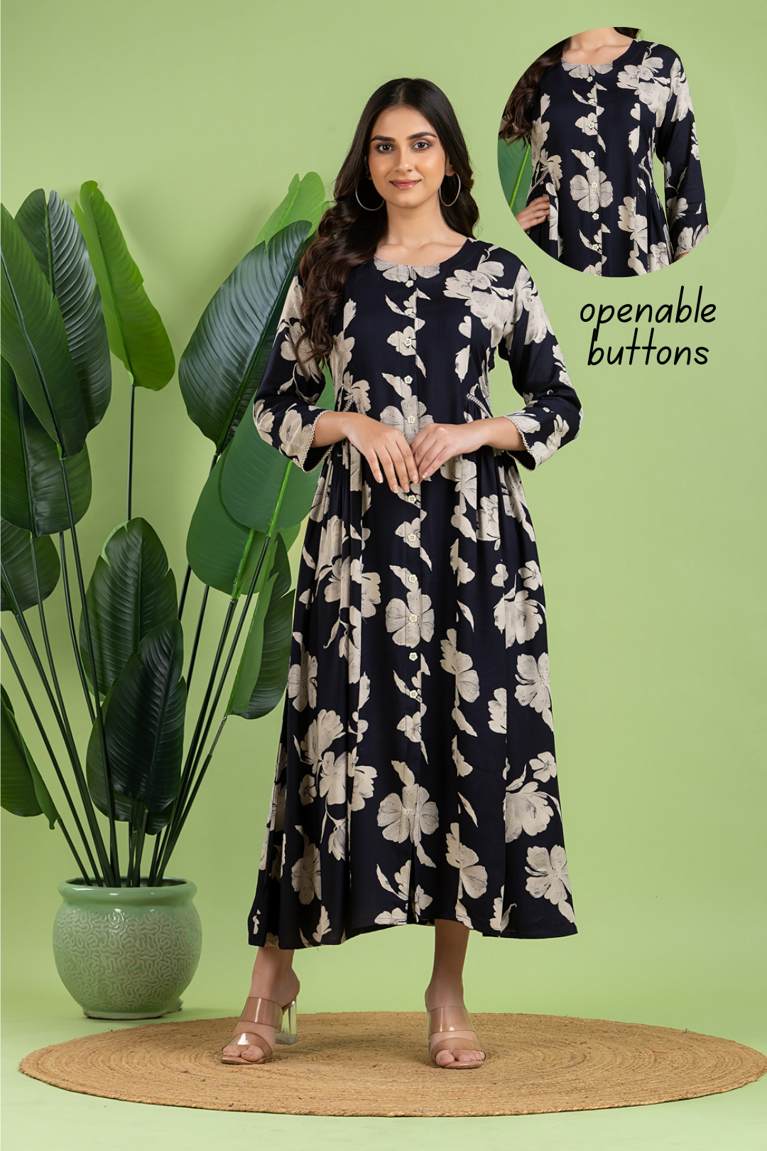 Midnight Blue Floral Print A-Line Dress with Gathers