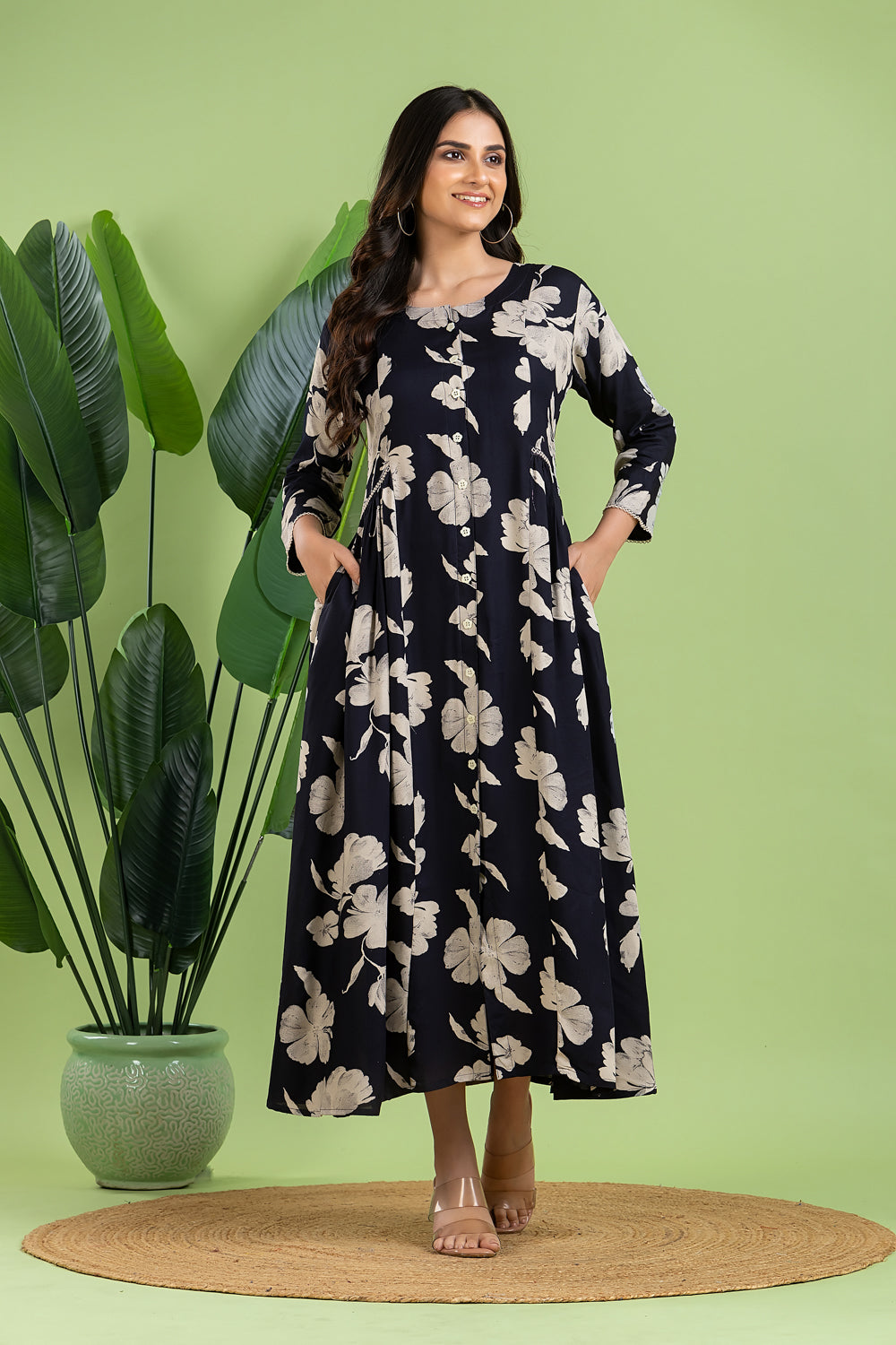 Midnight Blue Floral Print A-Line Dress with Gathers