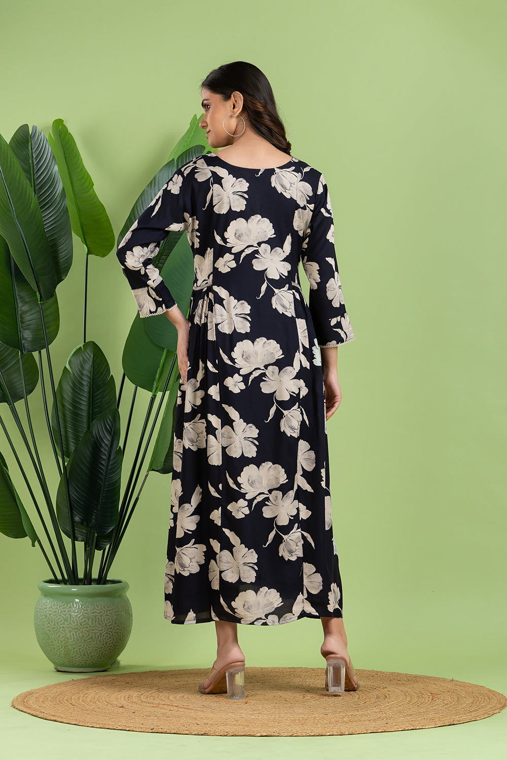 Midnight Blue Floral Print A-Line Dress with Gathers