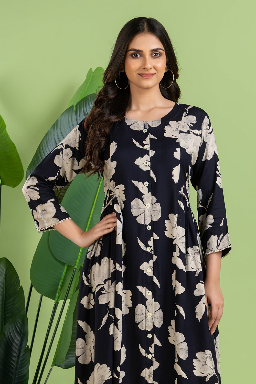 Midnight Blue Floral Print A-Line Dress with Gathers