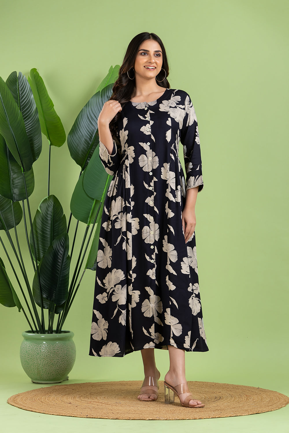 Midnight Blue Floral Print A-Line Dress with Gathers
