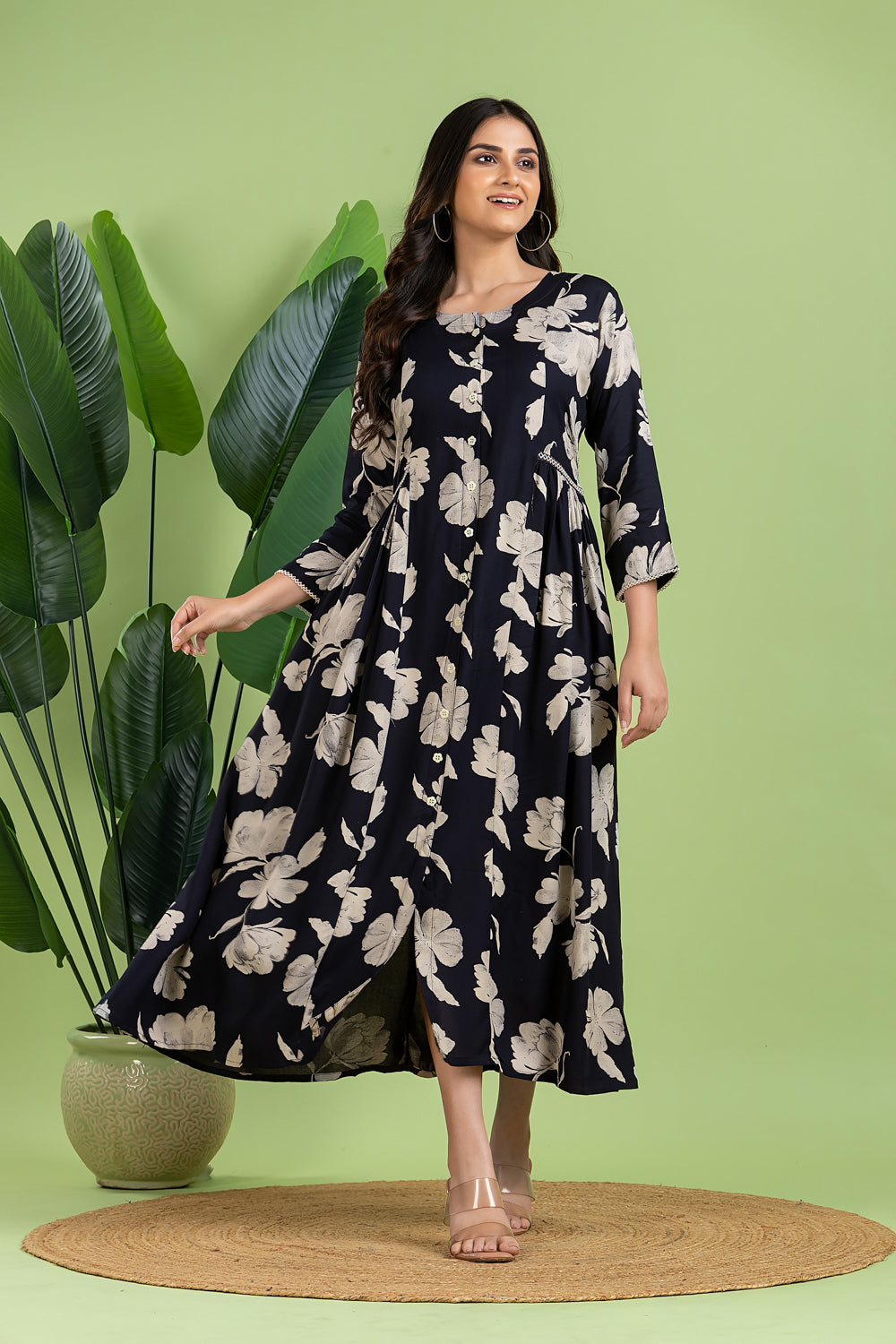 Midnight Blue Floral Print A-Line Dress with Gathers