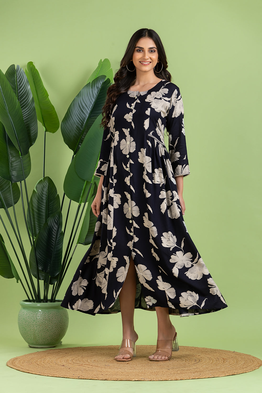 Midnight Blue Floral Print A-Line Dress with Gathers