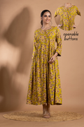 Lime Green & Purple Floral Print A-Line Dress with Gathers