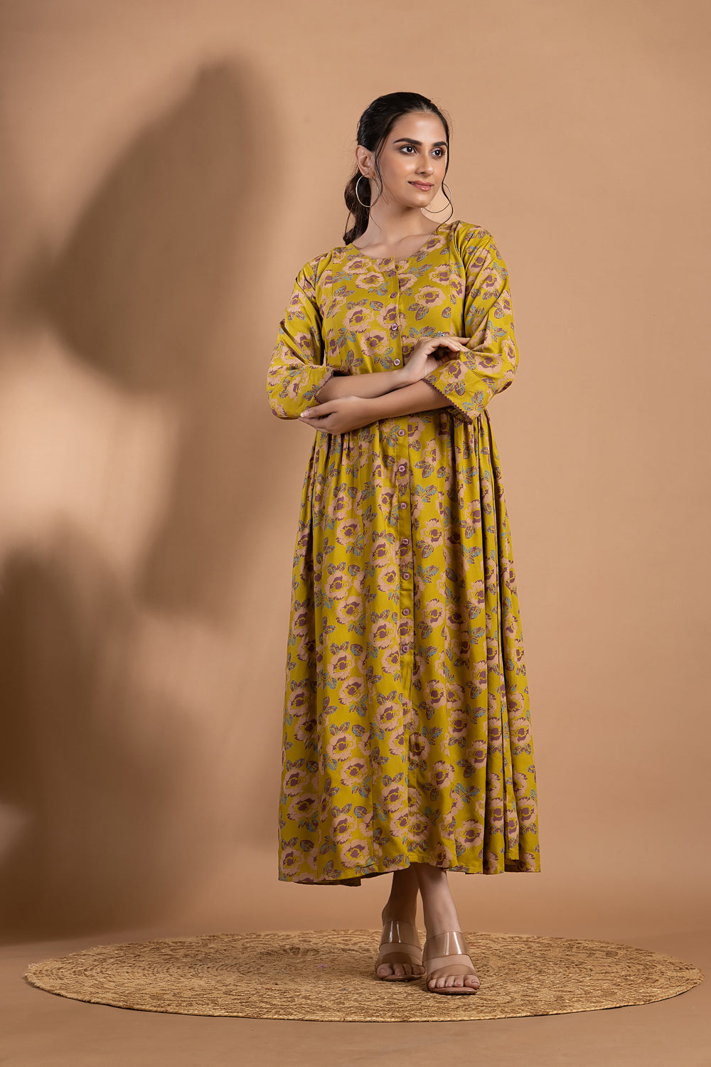 Lime Green & Purple Floral Print A-Line Dress with Gathers