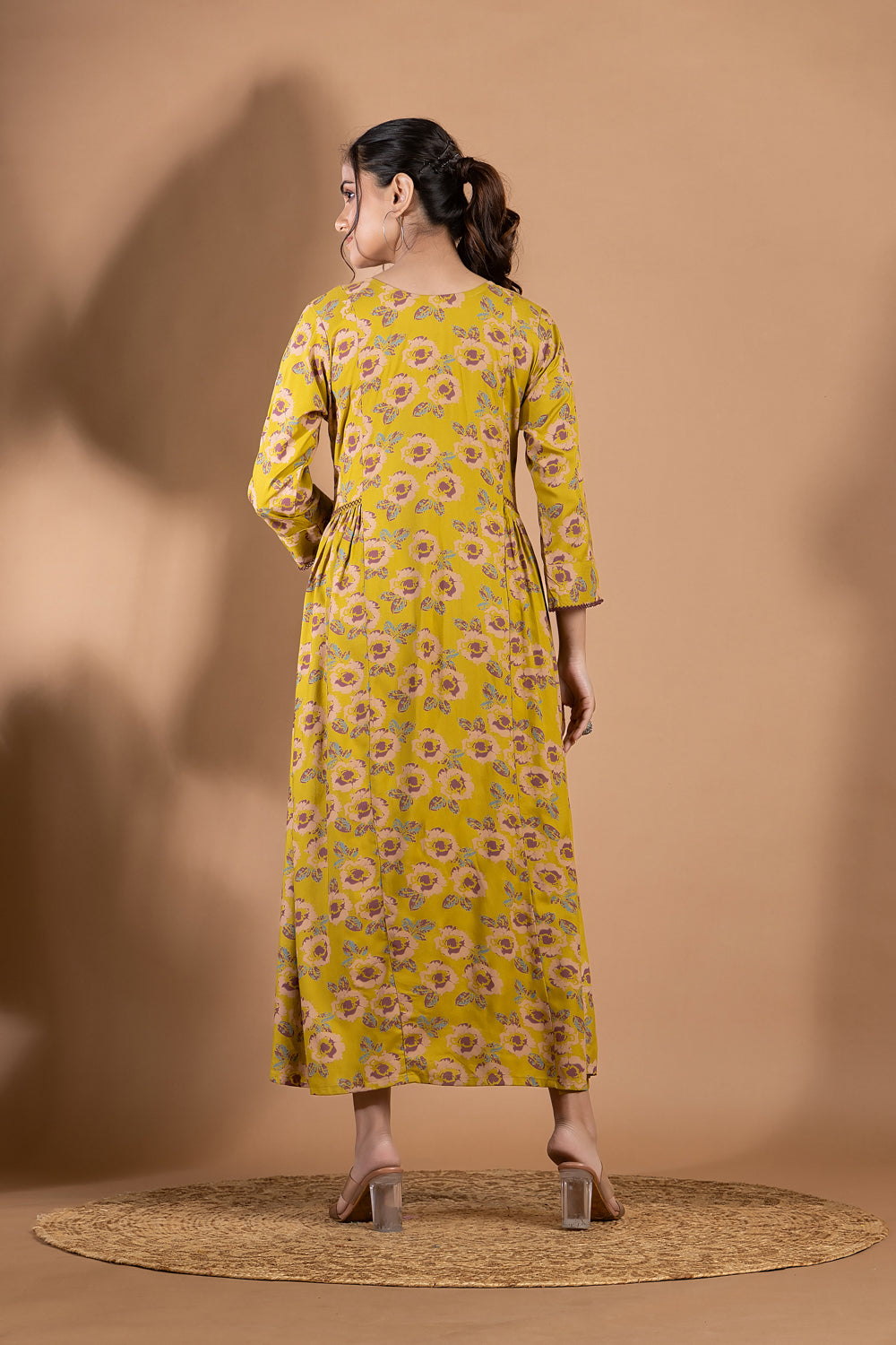 Lime Green & Purple Floral Print A-Line Dress with Gathers