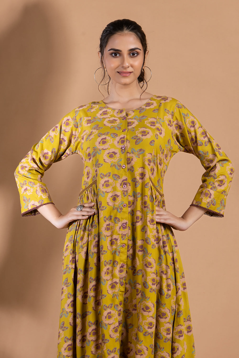 Lime Green & Purple Floral Print A-Line Dress with Gathers