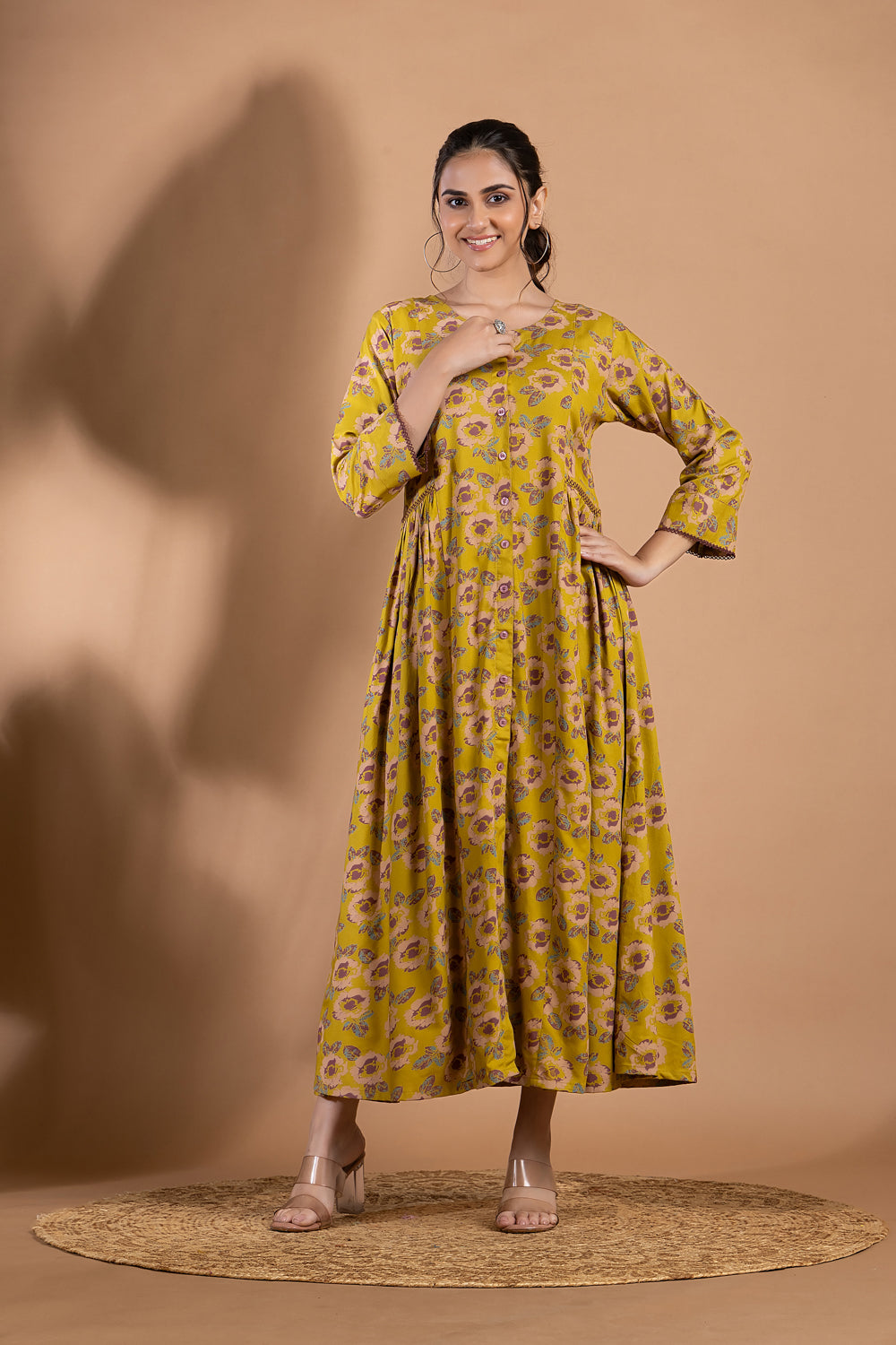 Lime Green & Purple Floral Print A-Line Dress with Gathers