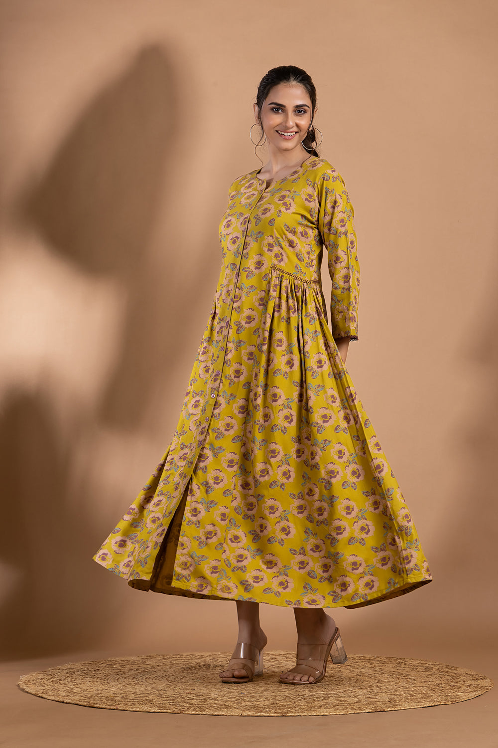 Lime Green & Purple Floral Print A-Line Dress with Gathers
