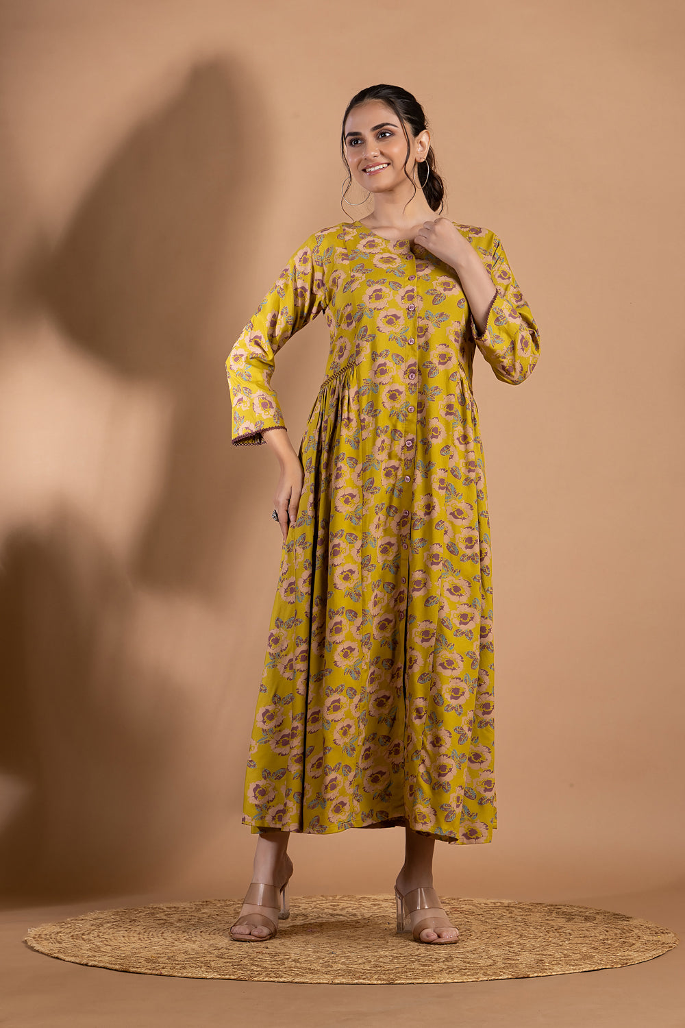 Lime Green & Purple Floral Print A-Line Dress with Gathers