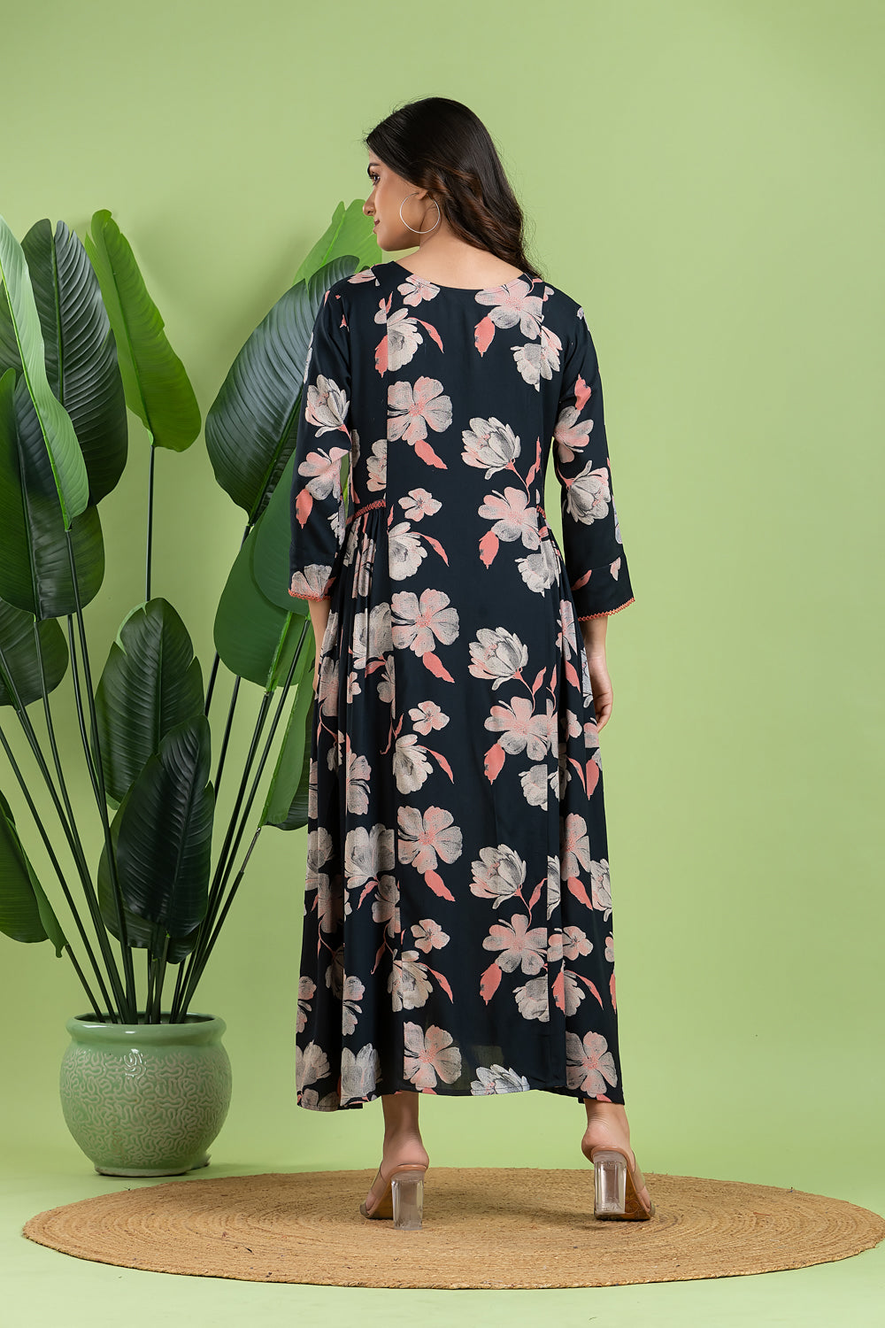 Dark Blue & Pink Floral Print A-Line Dress with Gathers