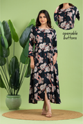 Dark Blue & Pink Floral Print A-Line Dress with Gathers