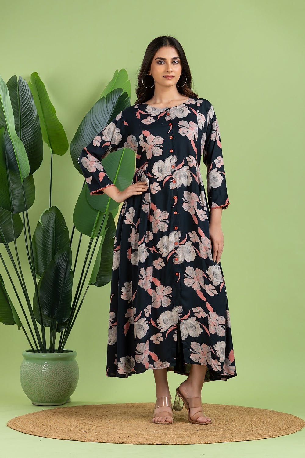 Dark Blue & Pink Floral Print A-Line Dress with Gathers
