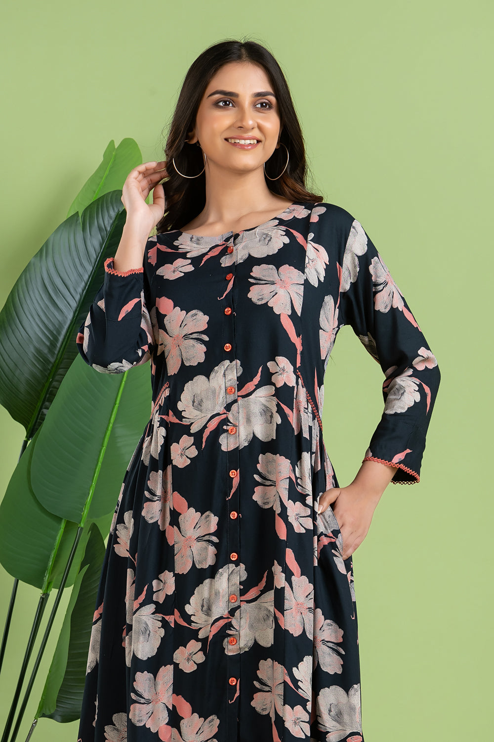 Dark Blue & Pink Floral Print A-Line Dress with Gathers