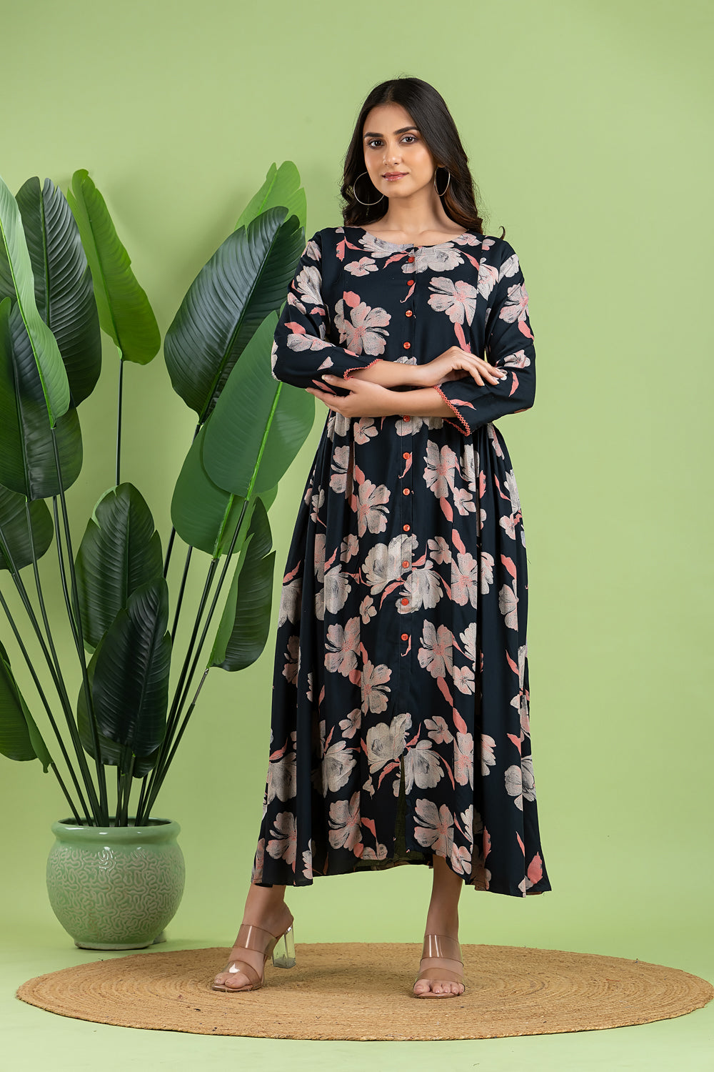 Dark Blue & Pink Floral Print A-Line Dress with Gathers
